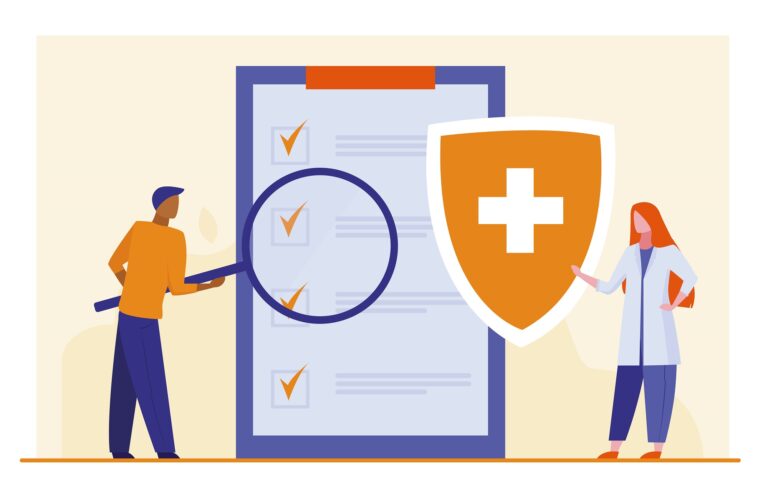 Ilustración de profesionales de la salud revisando una lista de verificación para el cumplimiento del Decreto 4725 de 2005 en el mantenimiento de equipos biomédicos.