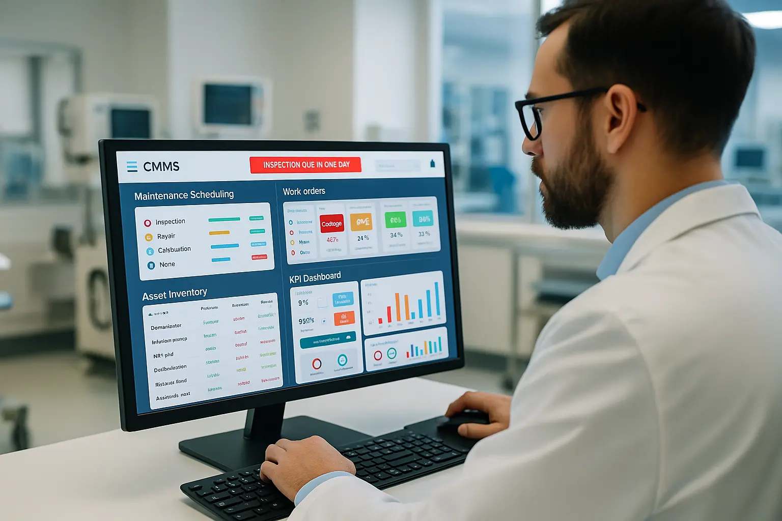 Profesional de la salud utilizando software CMMS para monitorear indicadores clave de mantenimiento como órdenes de trabajo, programación y KPIs.