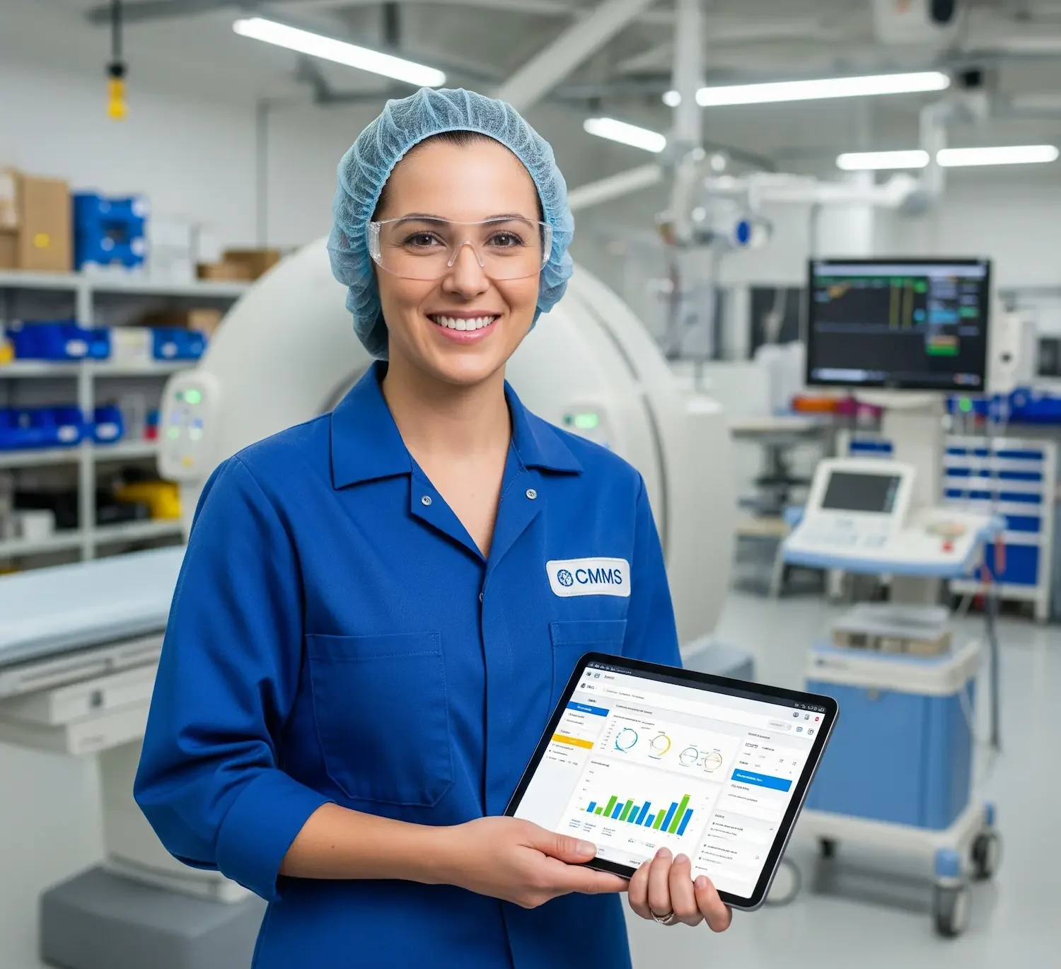 Ingeniera biomédica sonriendo en un taller, mostrando en una tablet la interfaz de un software CMMS para la gestión de mantenimiento de equipos médicos.