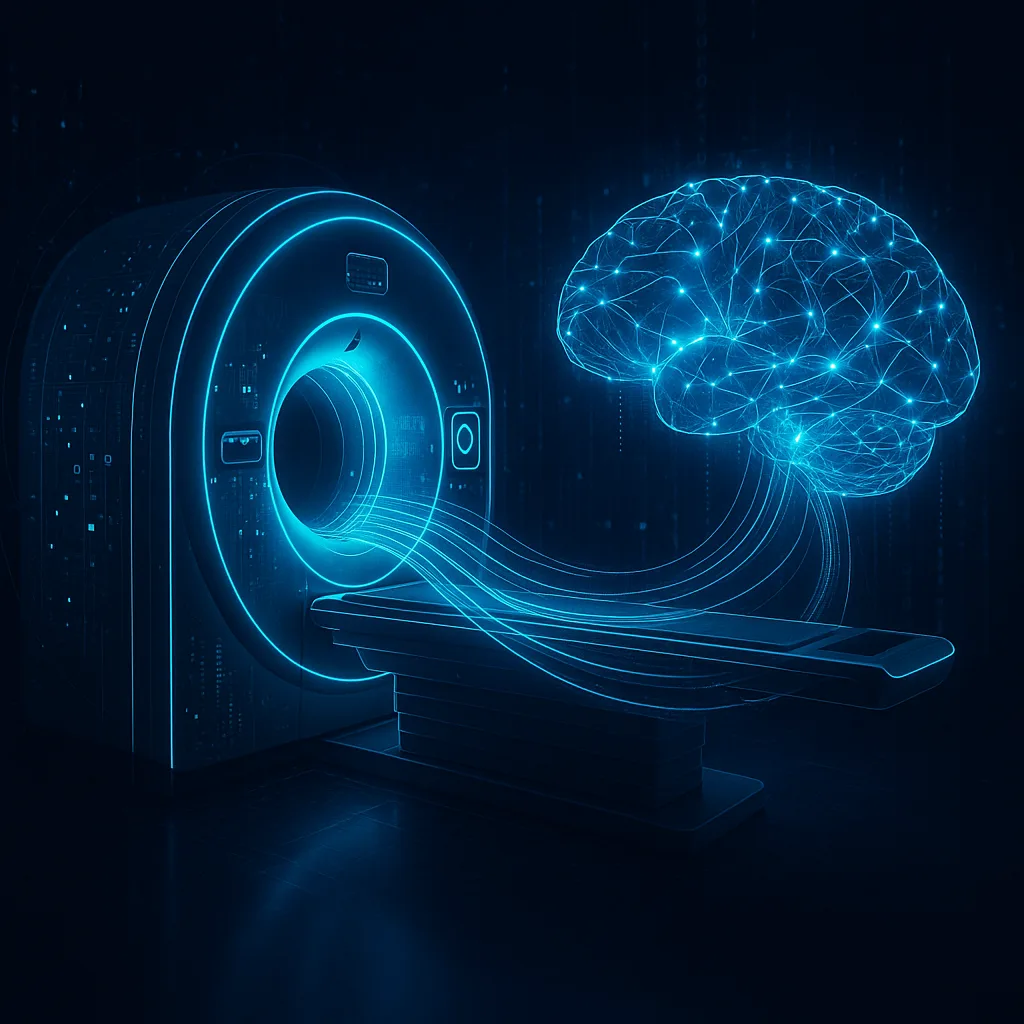 Equipo de resonancia magnética futurista con líneas de datos cian fluyendo hacia un cerebro holográfico, simbolizando inteligencia artificial, IoT y mantenimiento predictivo
