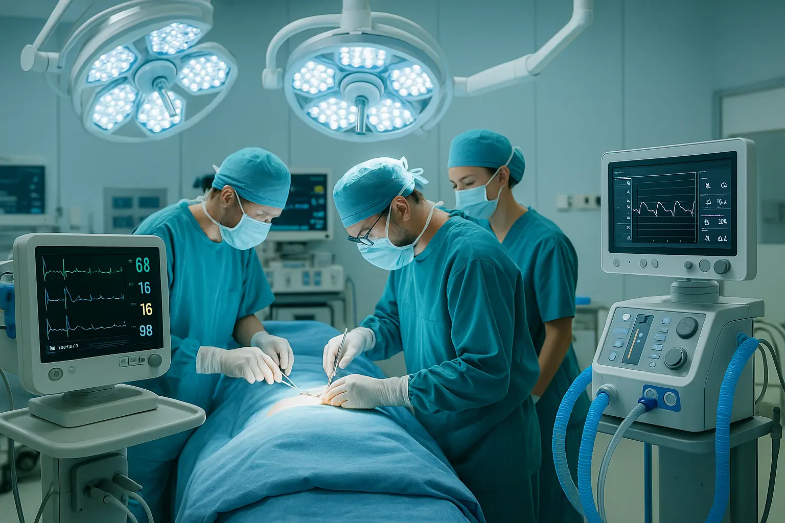 Ingeniero biomédico revisando monitor multiparámetro durante cirugía, con médicos de fondo desenfocados en un quirófano profesional,mantenimiento de equipo biomédico en hospitales.