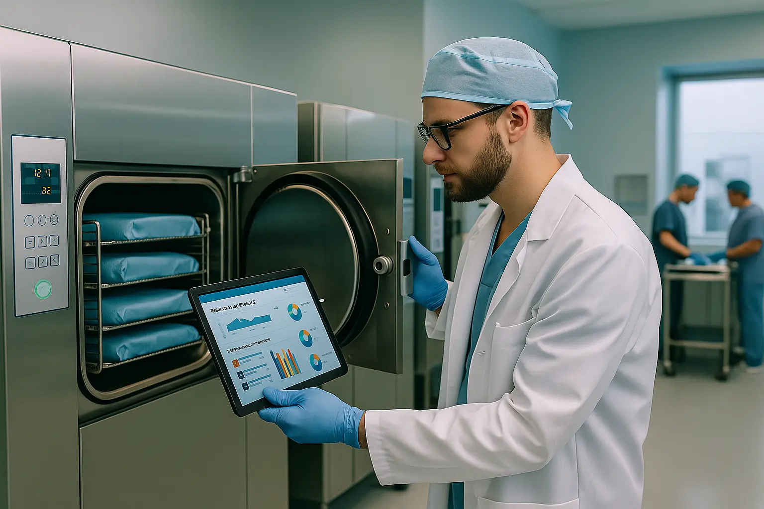 Técnico biomédico inspeccionando autoclaves en sala de esterilización hospitalaria moderna,mantenimiento de equipo biomédico en hospitales
