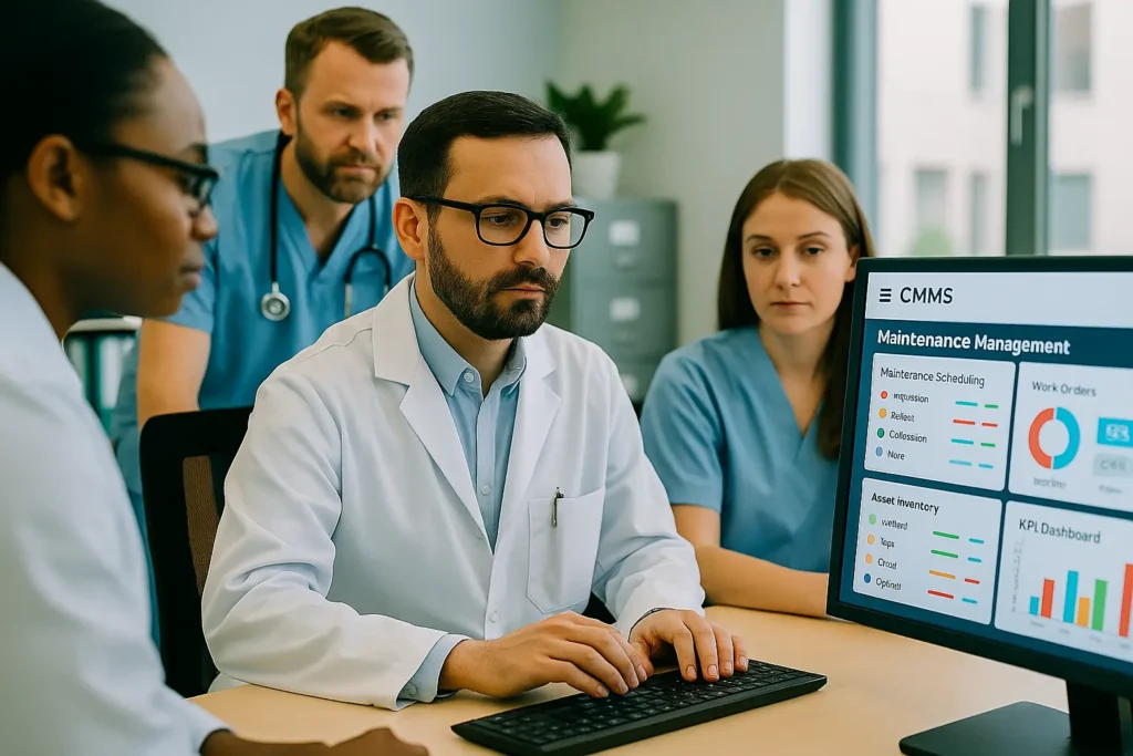 Equipo de ingenieros clínicos y personal hospitalario analizando software de mantenimiento CMMS en una oficina médica.mantenimiento de equipo biomédico en hospitales