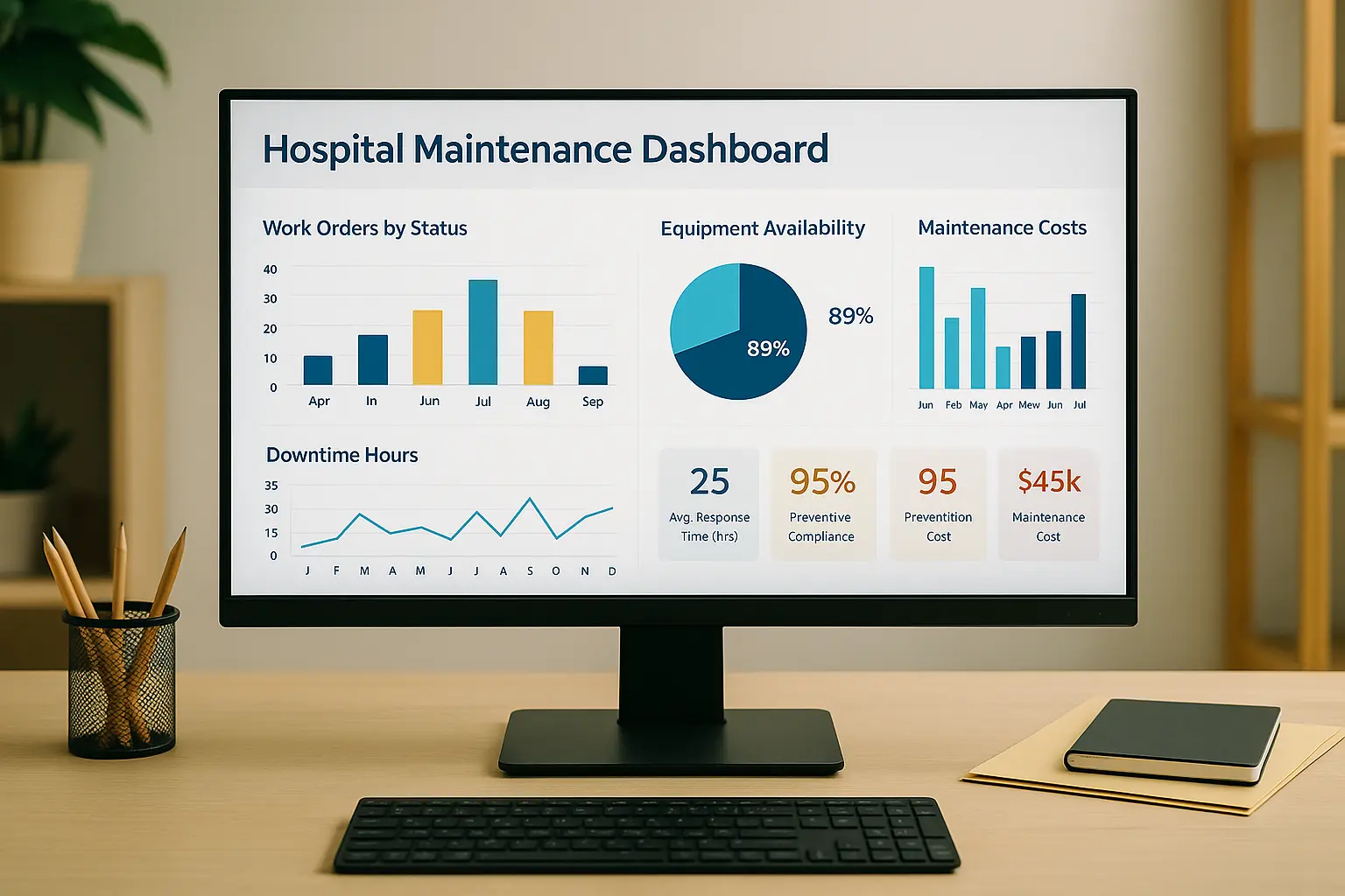 Pantalla de computador con dashboard de mantenimiento hospitalario, mostrando KPIs, gráficos de barras, líneas y pastel en una oficina profesional,mantenimiento de equipo biomédico en hospitales.