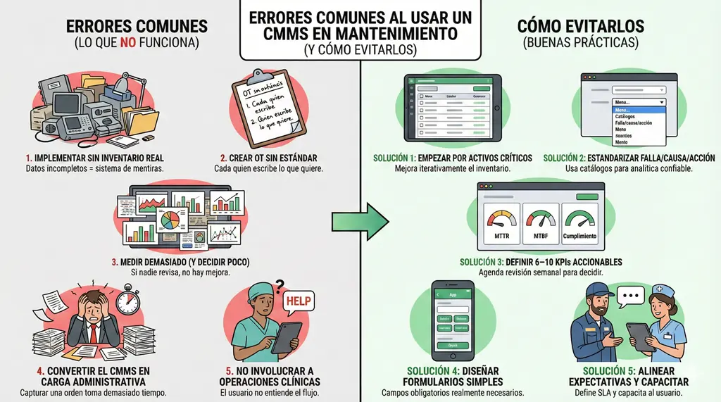 Infografía de cmms mantenimiento con errores comunes al implementar un CMMS (inventario incompleto, sin estándar, medir demasiado, carga administrativa, no involucrar operaciones) y buenas prácticas para evitarlos (activos críticos, catálogos, KPIs accionables, formularios simples, capacitar).