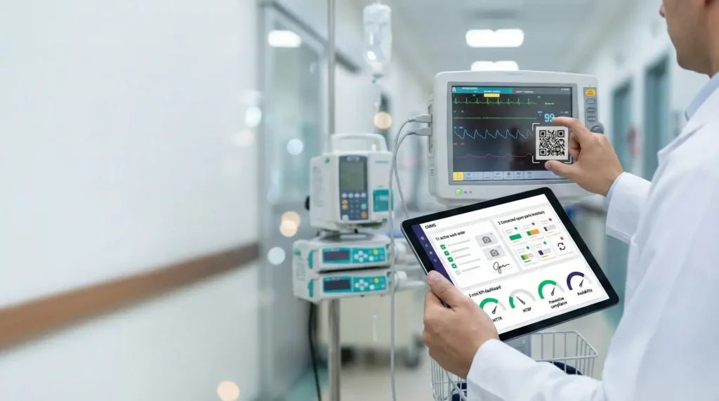Profesional en hospital usando tableta con cmms mantenimiento mientras escanea un código QR en un monitor médico para trazabilidad, órdenes de trabajo y KPIs