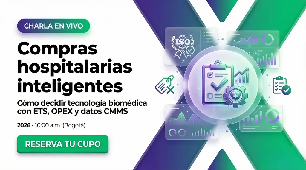 Compras hospital: banner de charla en vivo sobre compras hospitalarias inteligentes para decidir tecnología biomédica con ETS, OPEX y datos CMMS