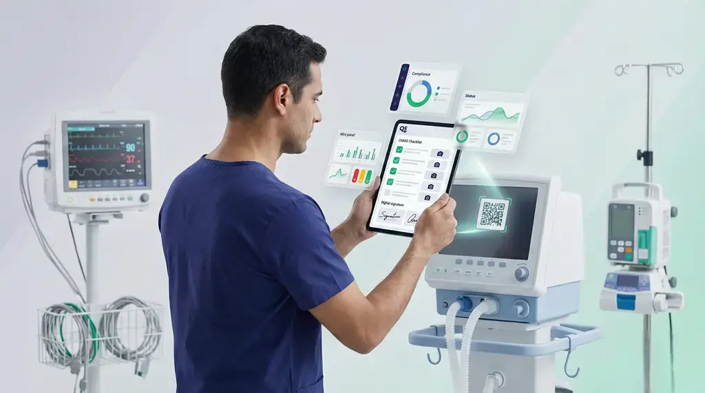 Plan de mantenimiento hospitalario: técnico usa CMMS en tablet con checklist, KPIs y escaneo QR para registrar mantenimiento de equipo médico en hospital.