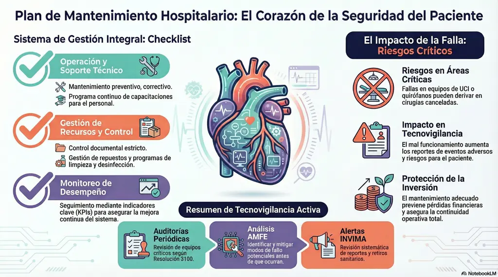 Plan de mantenimiento hospitalario: checklist de operación técnica, control documental, KPIs y tecnovigilancia activa para seguridad del paciente y continuidad operativa.