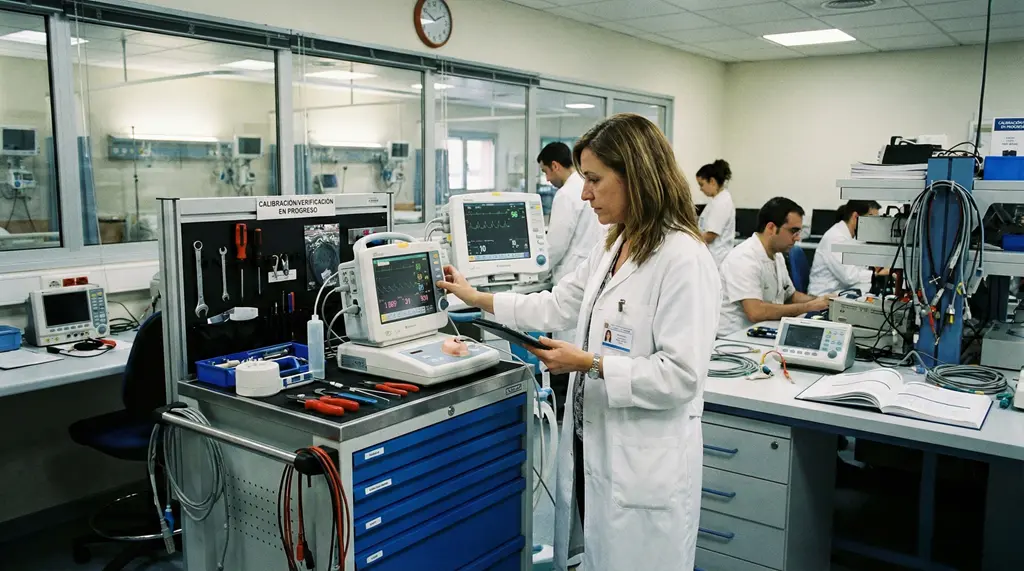Ingeniero biomédico realizando calibración y verificación de dispositivos médicos en un entorno hospitalario.