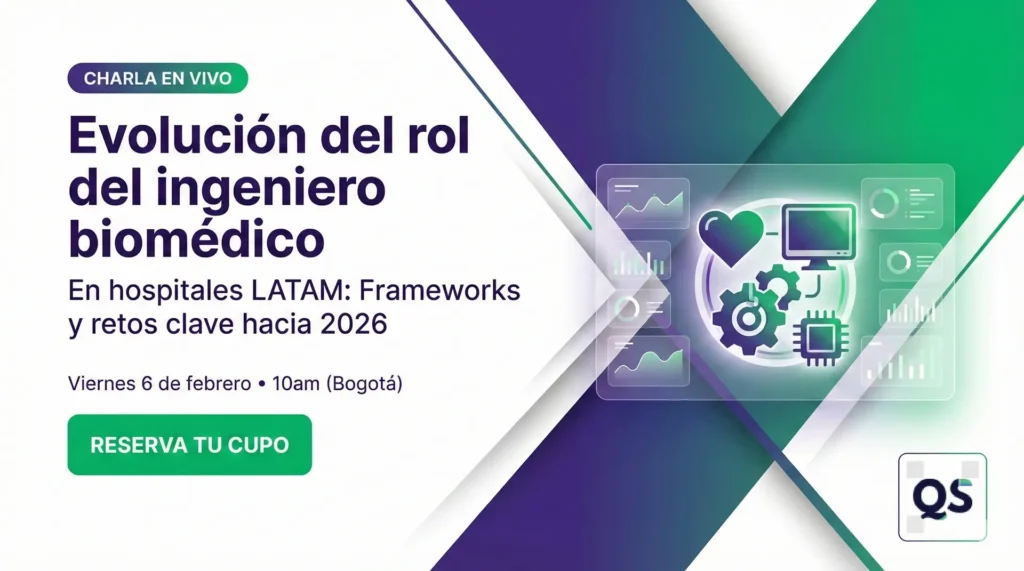 Qué hace un ingeniero biomédico en un hospital: banner de charla en vivo sobre la evolución del rol en hospitales LATAM, frameworks y retos hacia 2026, con botón ‘Reserva tu cupo