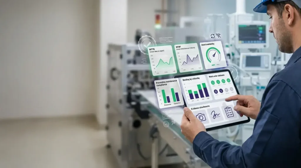 Técnico usando un software de mantenimiento CMMS en una tablet con panel de KPIs (MTBF, MTTR), backlog, cumplimiento de mantenimiento preventivo y checklist para gestión de activos