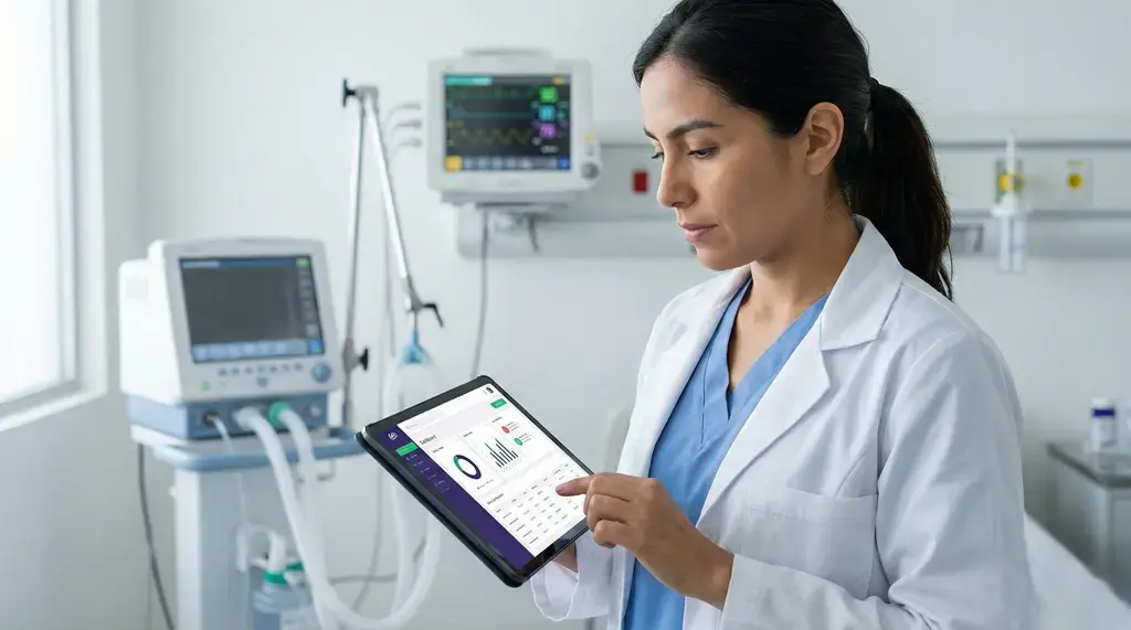 Tecnovigilancia en hospital: profesional de ingeniería clínica revisa en tablet un dashboard con alertas, trazabilidad y KPIs de equipos biomédicos.