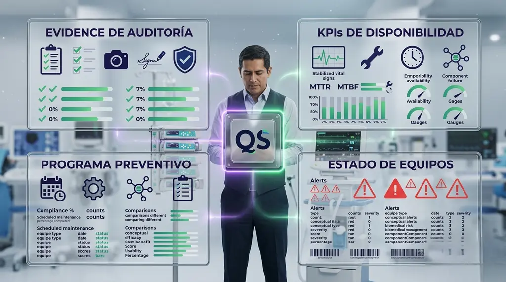 Mantenimiento en equipos biomédicos con dashboard de KPIs, programa preventivo, evidencia de auditoría y estado de equipos en hospital