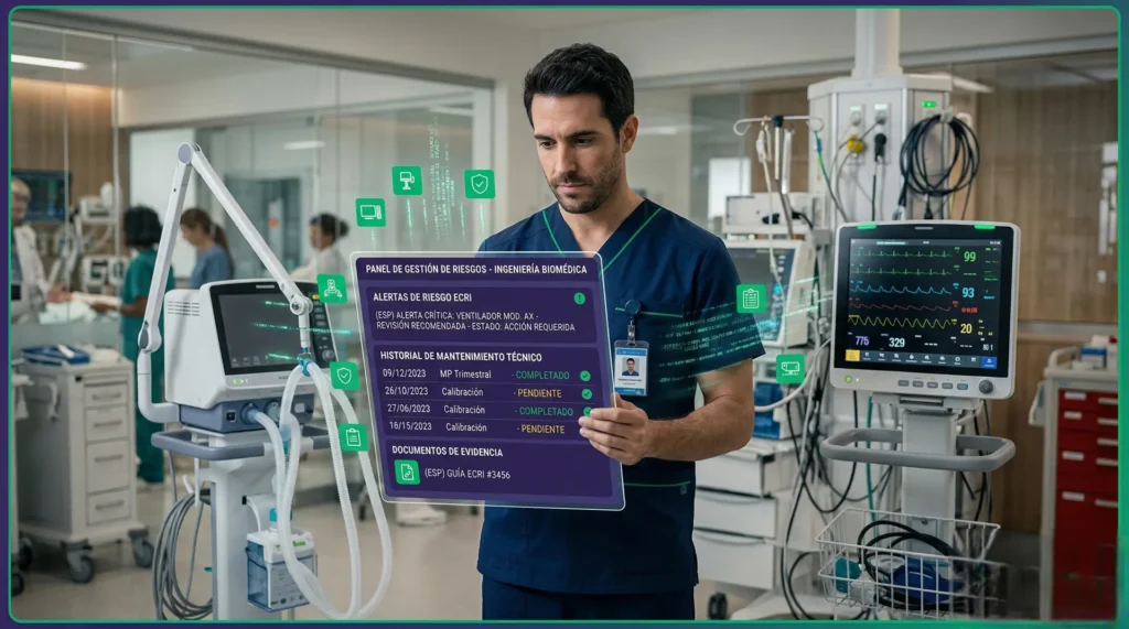 ECRI en hospital: panel de gestión de riesgos con alertas, mantenimiento técnico y evidencia documental de equipos biomédicos