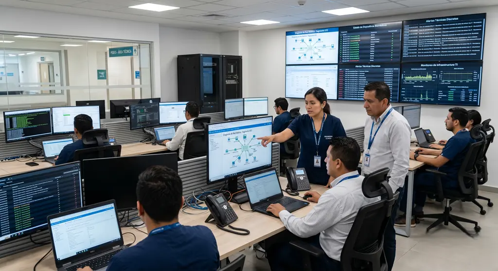 Equipo técnico monitoreando ciberseguridad médica e infraestructura digital hospitalaria en centro de control.