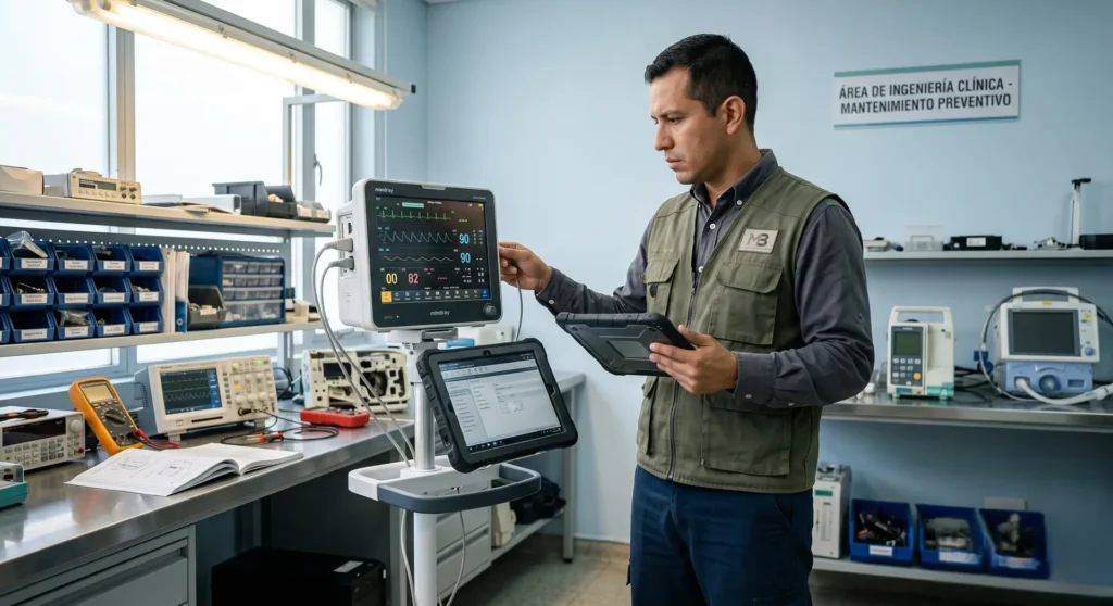 Ingeniero clínico realizando mantenimiento en equipos biomédicos con tablet en área de mantenimiento preventivo hospitalario.