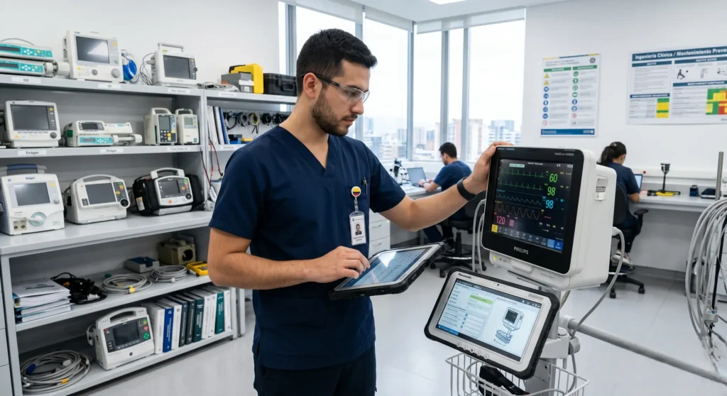 Ingeniero clínico revisando equipo biomédico con apoyo de tablet en laboratorio de mantenimiento, aplicando normas ISO ISO 9001 e ISO 13485 para gestión de calidad y trazabilidad.