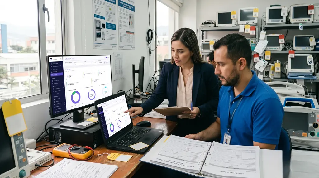 Profesionales de ingeniería clínica revisan indicadores y reportes en un dashboard digital para gestionar el cumplimiento de la tecnovigilancia norma en equipos biomédicos.