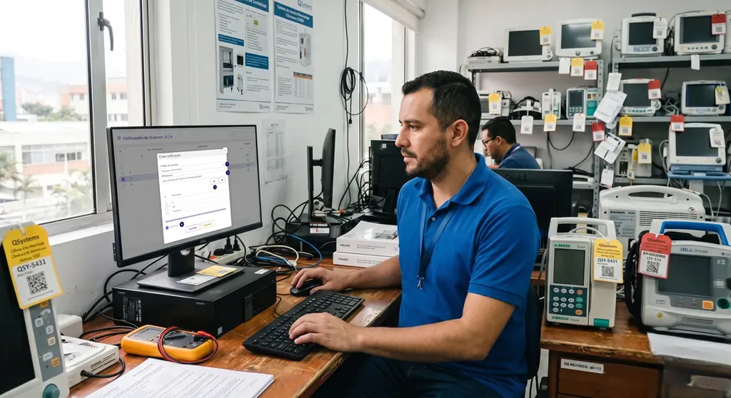 Profesional biomédico monitorea en software la tecnovigilancia norma para gestionar inventario, fallas y trazabilidad de equipos médicos en hospital