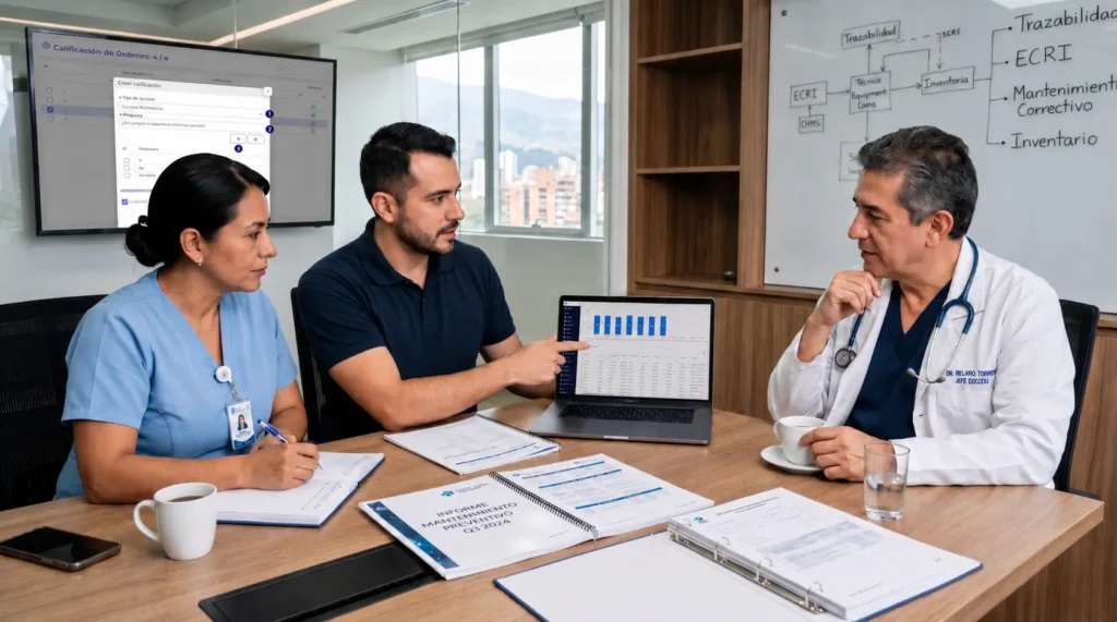 Ingeniero clínico explica indicadores de mantenimiento y trazabilidad a personal médico como ejemplo de comunicación asertiva con el personal médico.