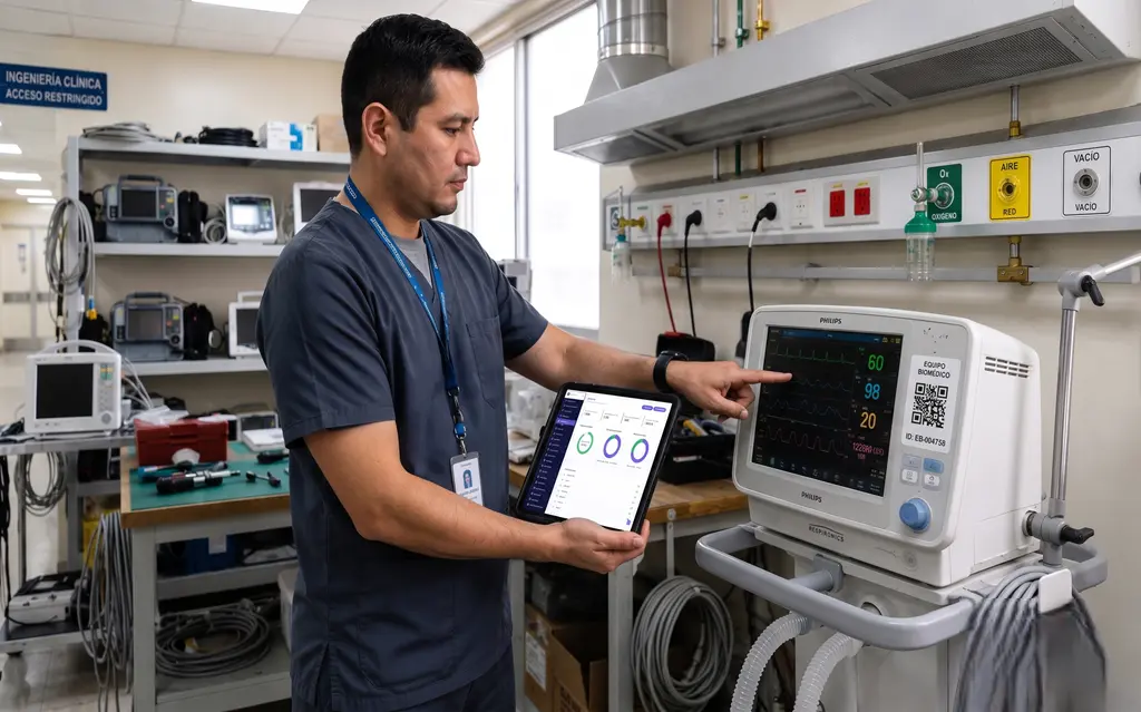 Técnico de ingeniería clínica revisa infraestructura hospitalaria, gases medicinales y equipo biomédico con apoyo de tablet.