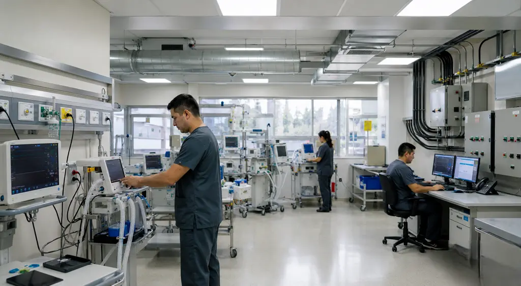 Técnicos gestionan infraestructura hospitalaria en sala de ingeniería clínica con equipos biomédicos, redes eléctricas y sistemas de soporte.