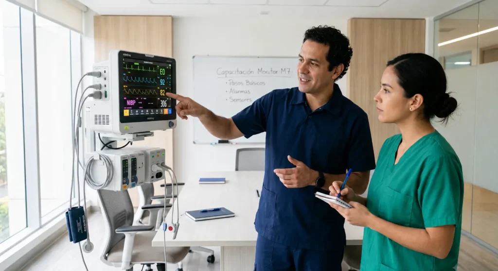 Ingeniero clínico realiza capacitación en equipos biomédicos sobre alarmas, sensores y uso seguro de un monitor multiparámetro.