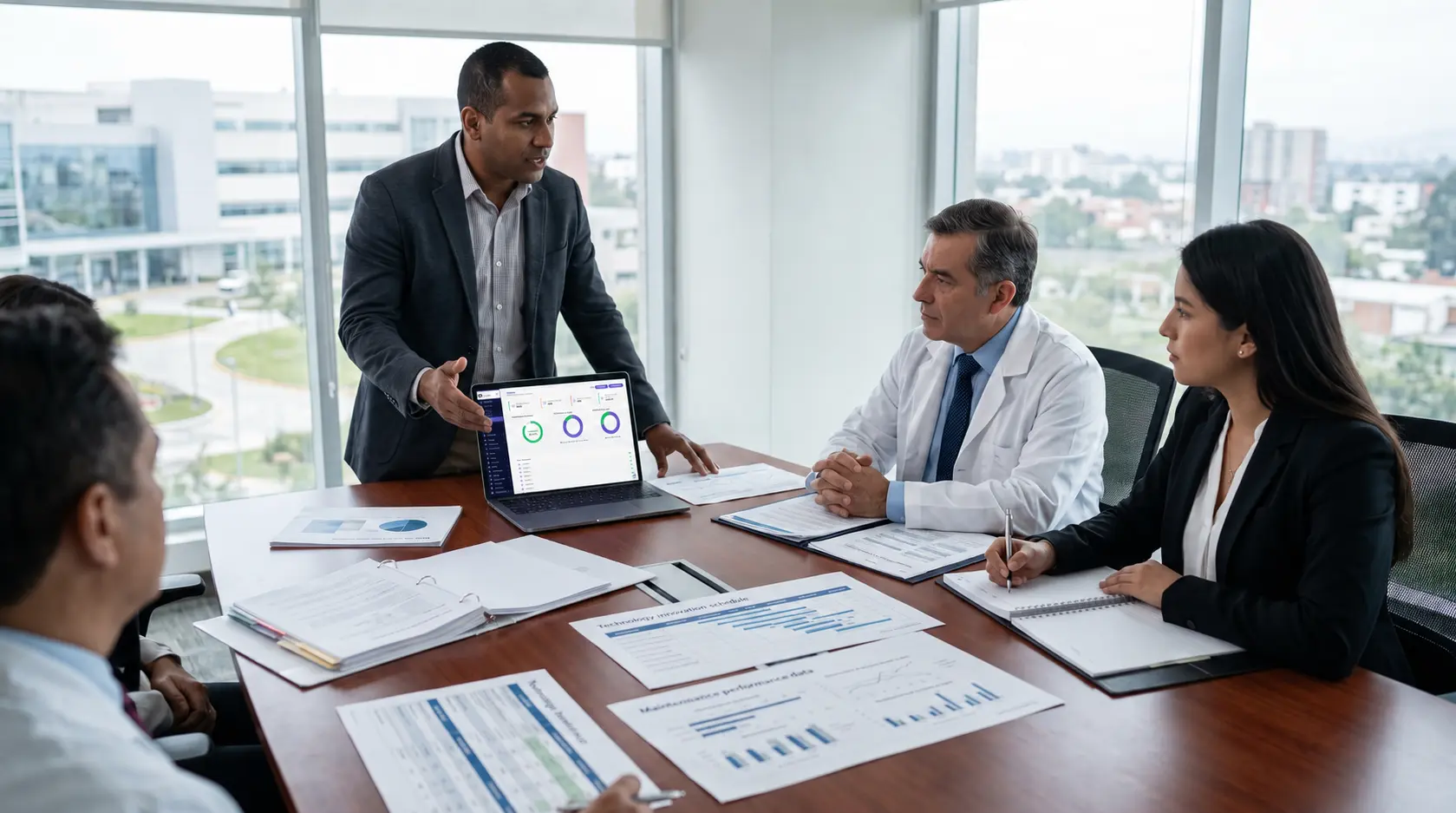 Profesional presenta indicadores de gestión de tecnología hospitalaria a un equipo directivo para apoyar decisiones sobre equipos biomédicos.
