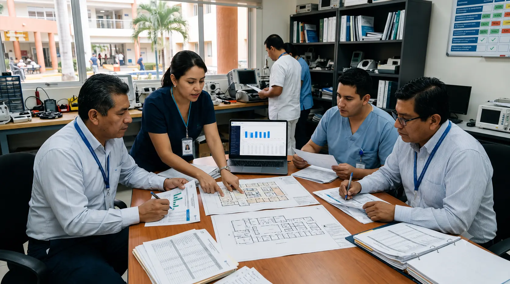 Equipo de ingeniería clínica analiza planos, indicadores y documentación para fortalecer la gestión de tecnología hospitalaria.