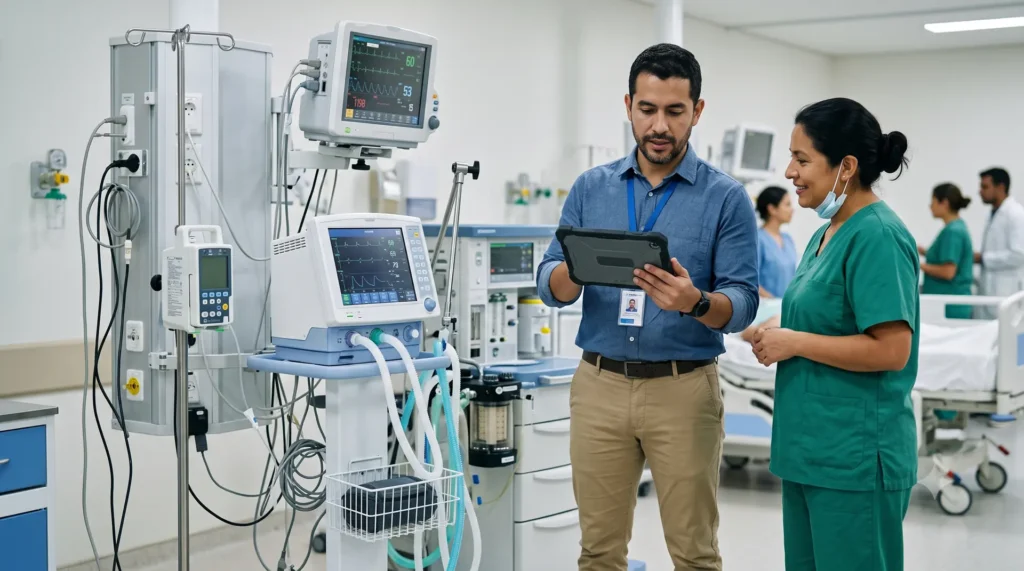 Profesional de ingeniería clínica revisa con personal asistencial equipos biomédicos y datos de gestión de tecnología hospitalaria.
