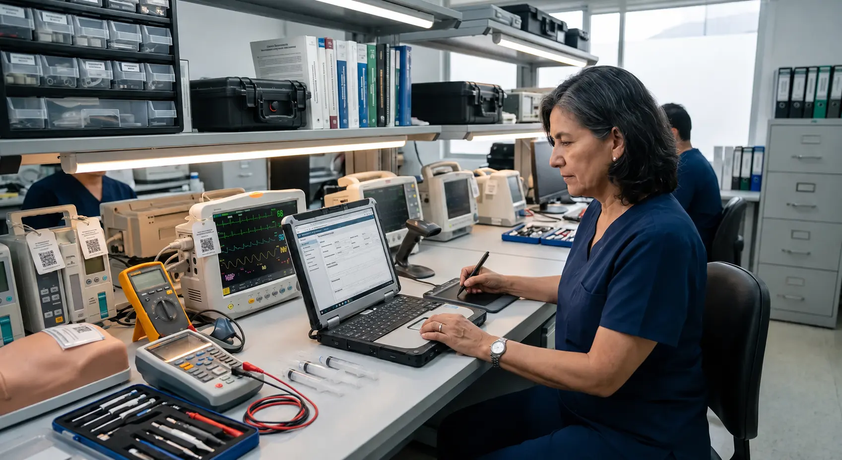 Profesional de ingeniería clínica diligencia una orden de servicio de mantenimiento para documentar la intervención de equipos biomédicos.
