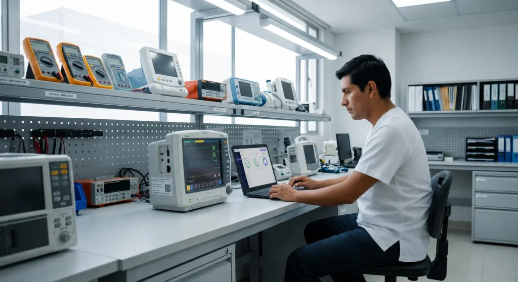 Ingeniero biomédico registra una orden de servicio de mantenimiento después de verificar el funcionamiento de un monitor médico.