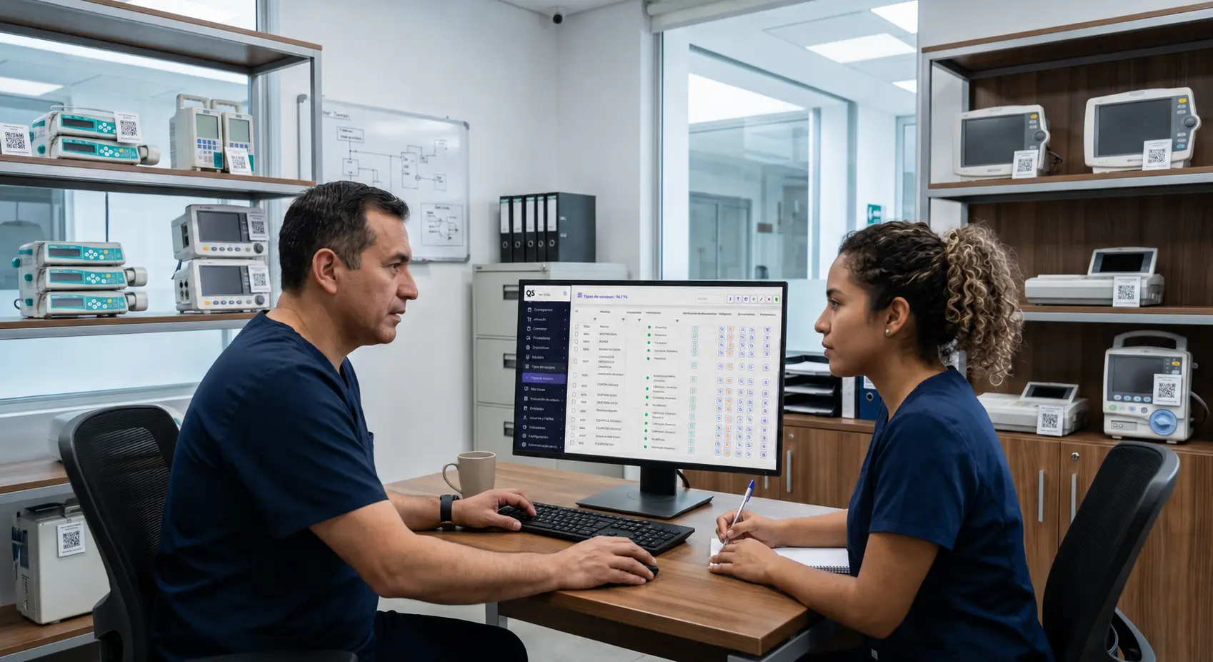 Profesionales de ingeniería clínica revisan una orden de servicio de mantenimiento y la trazabilidad digital de equipos biomédicos identificados con códigos QR.