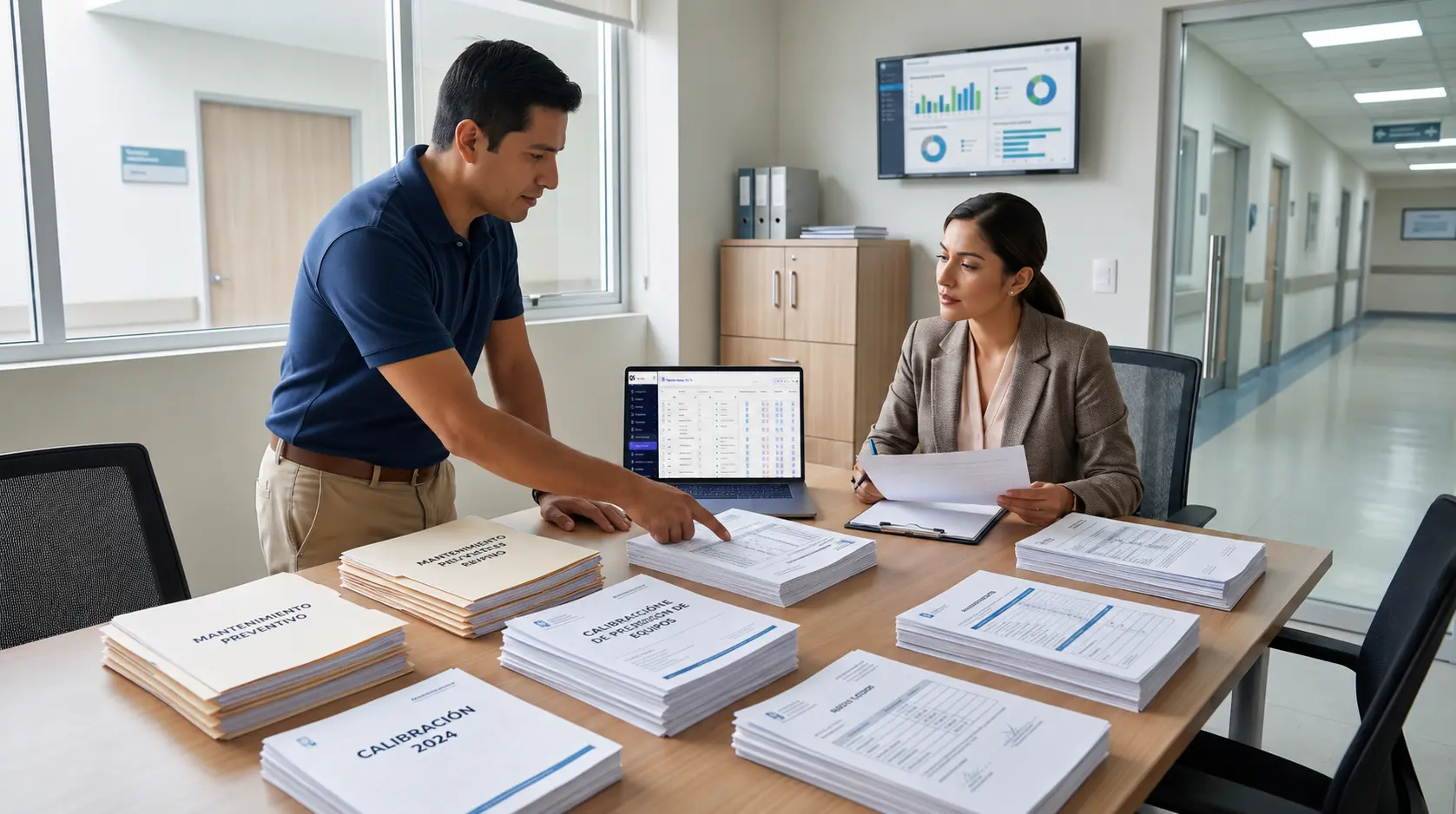 Profesionales organizan registros de mantenimiento y calibración con un dashboard para la planificación en ingeniería clínica.