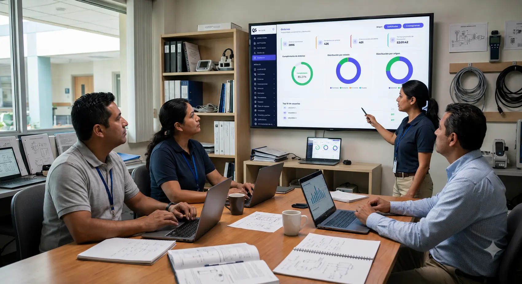 Equipo revisa un dashboard de planificación en ingeniería clínica con indicadores de órdenes, cronogramas y cumplimiento de mantenimiento.