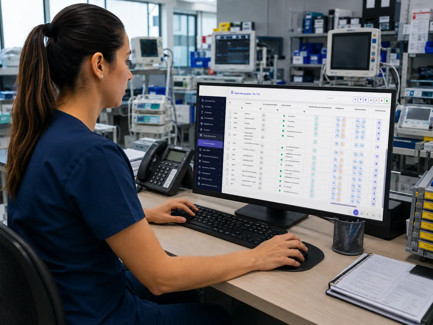 Profesional de ingeniería clínica revisa en computador un reporte de tecnovigilancia en plataforma QS para gestionar trazabilidad, documentos y seguimiento de dispositivos médicos.
