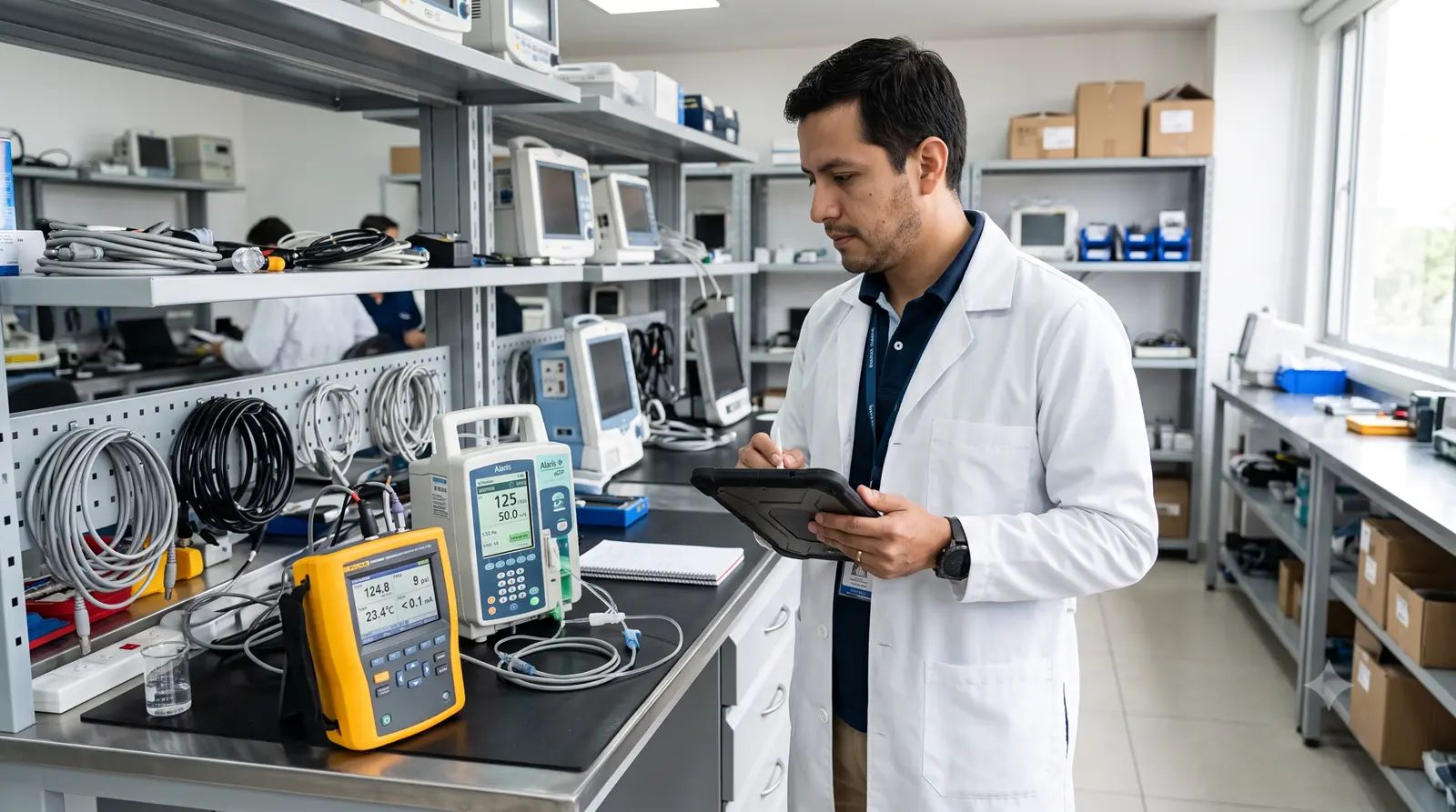 Ingeniero clínico aplica tecnovigilancia activa al registrar mediciones y verificar una bomba de infusión en un laboratorio biomédico.