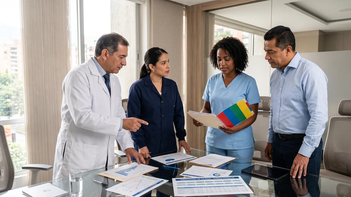 Directora de calidad y equipo medico evaluando cumplimiento de estandares de gobernanza y liderazgo JCI