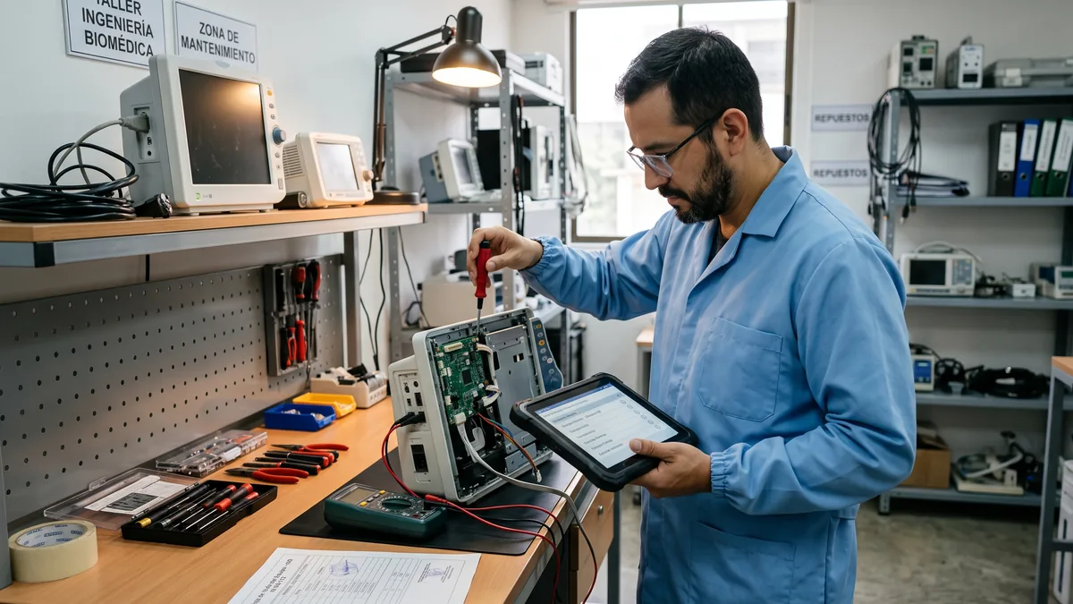 Ingeniero ejecutando protocolo de mantenimiento preventivo a monitor de signos vitales