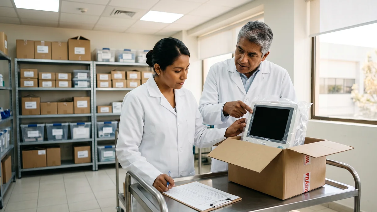 Ingenieros clinicos realizando pruebas de aceptacion y revision documental de equipo medico nuevo